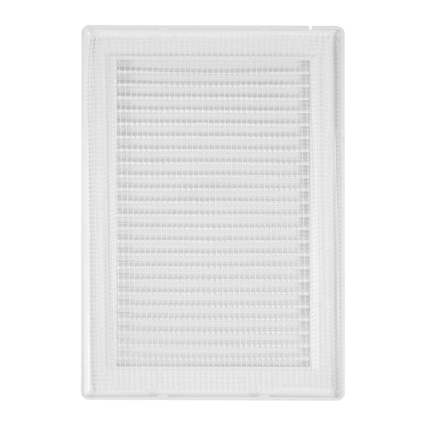 Clear fly mesh screen over a white Louvre vent frame, 140 x 210 mm