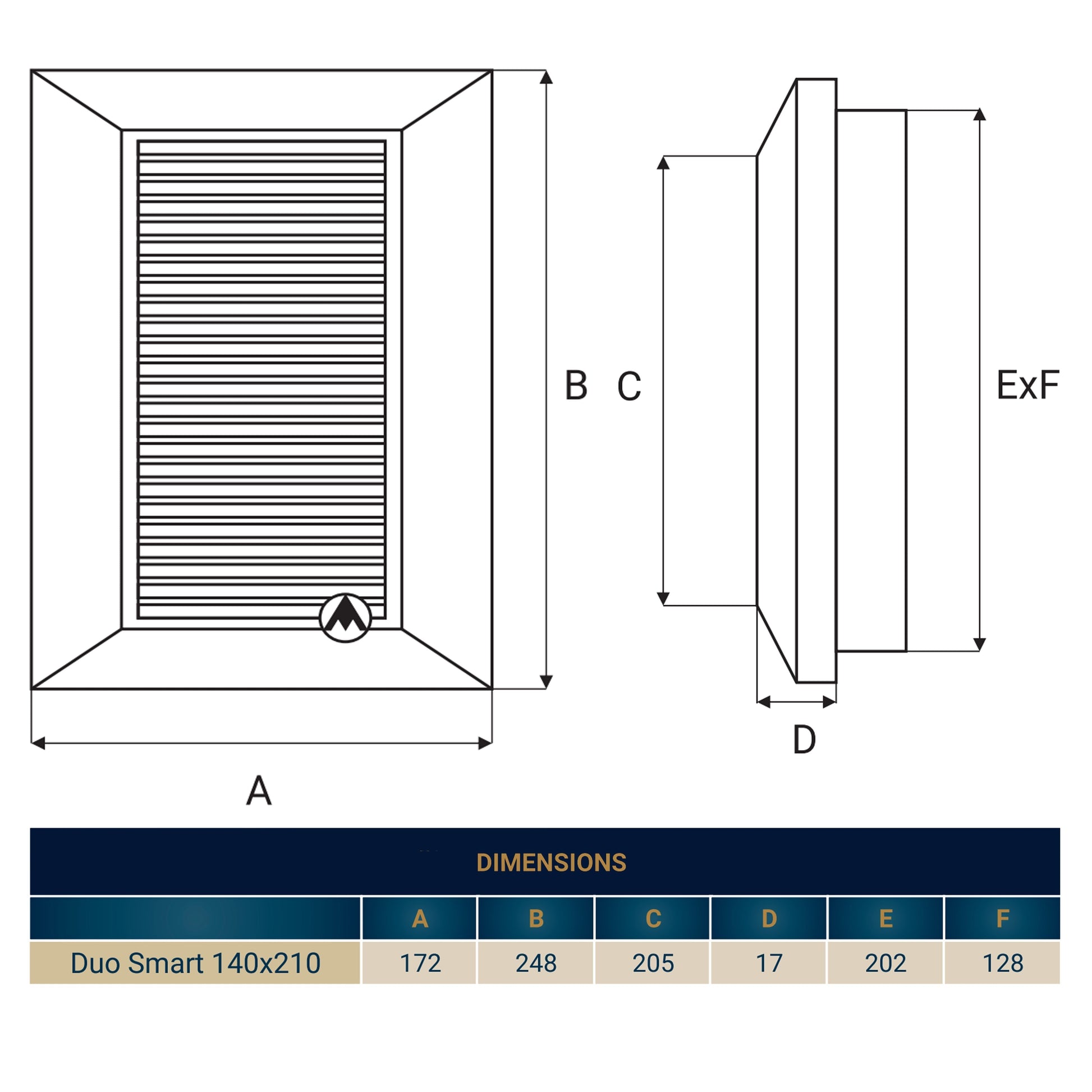 Louvre vent Duo Smart size diagram with labeled dimensions for 140 x 210
