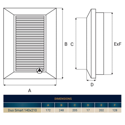 Louvre vent Duo Smart size diagram with labeled dimensions for 140 x 210