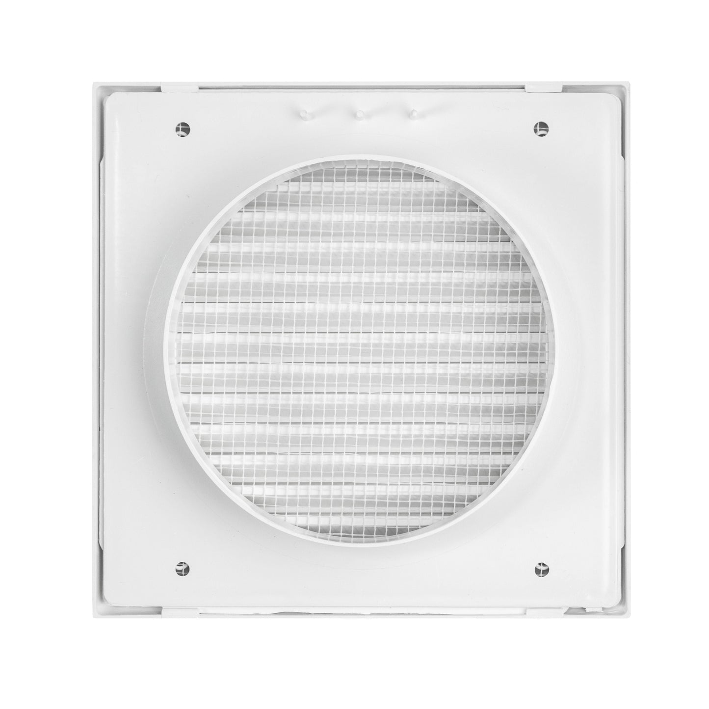 Round ventilation opening grille with fine mesh inside a square white frame