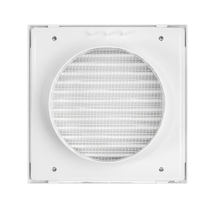 Round ventilation opening grille with fine mesh inside a square white frame
