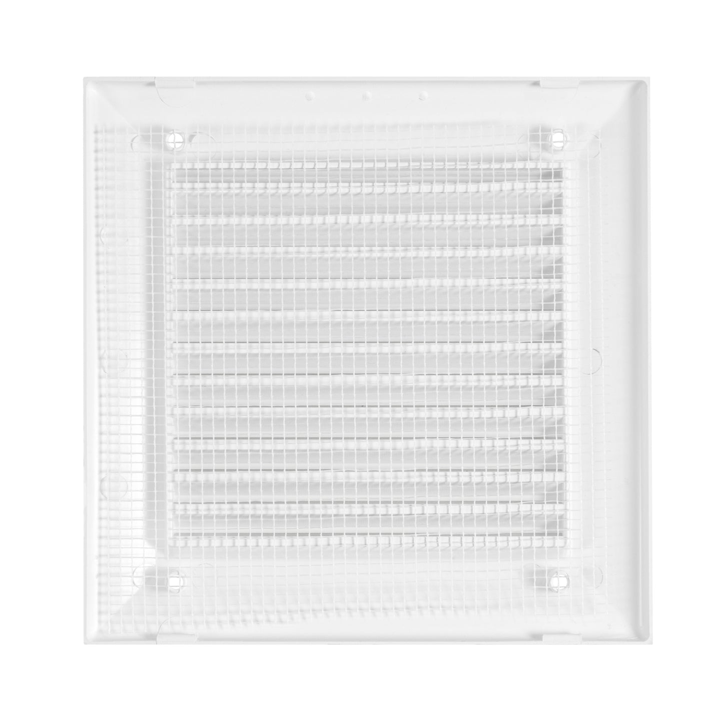 Close-up of white louvered grille panel with mesh behind