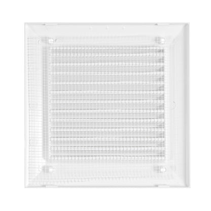 Close-up of white louvered grille panel with mesh behind