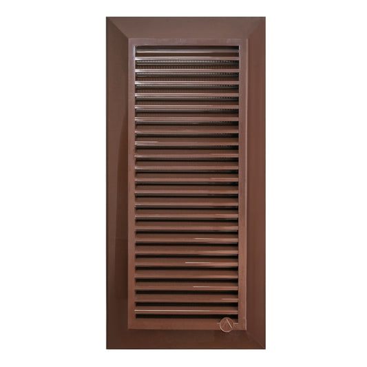 Brown louvre vent with horizontal blades and fly mesh, 90x240mm size