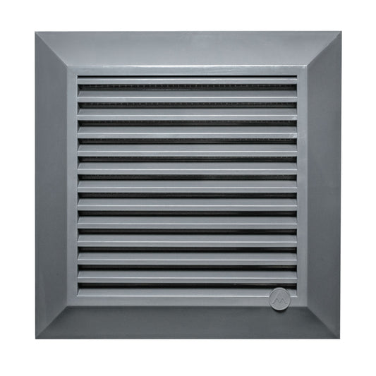 Graphite Louvre vent with horizontal slats and circular logo on lower right corner