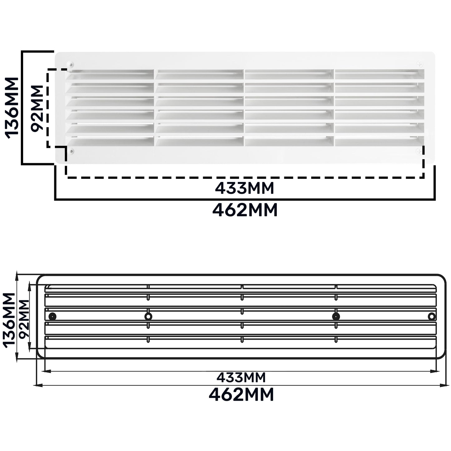 Door louvre vent KD 90x445mm combined front and side dimensions, 433/462mm