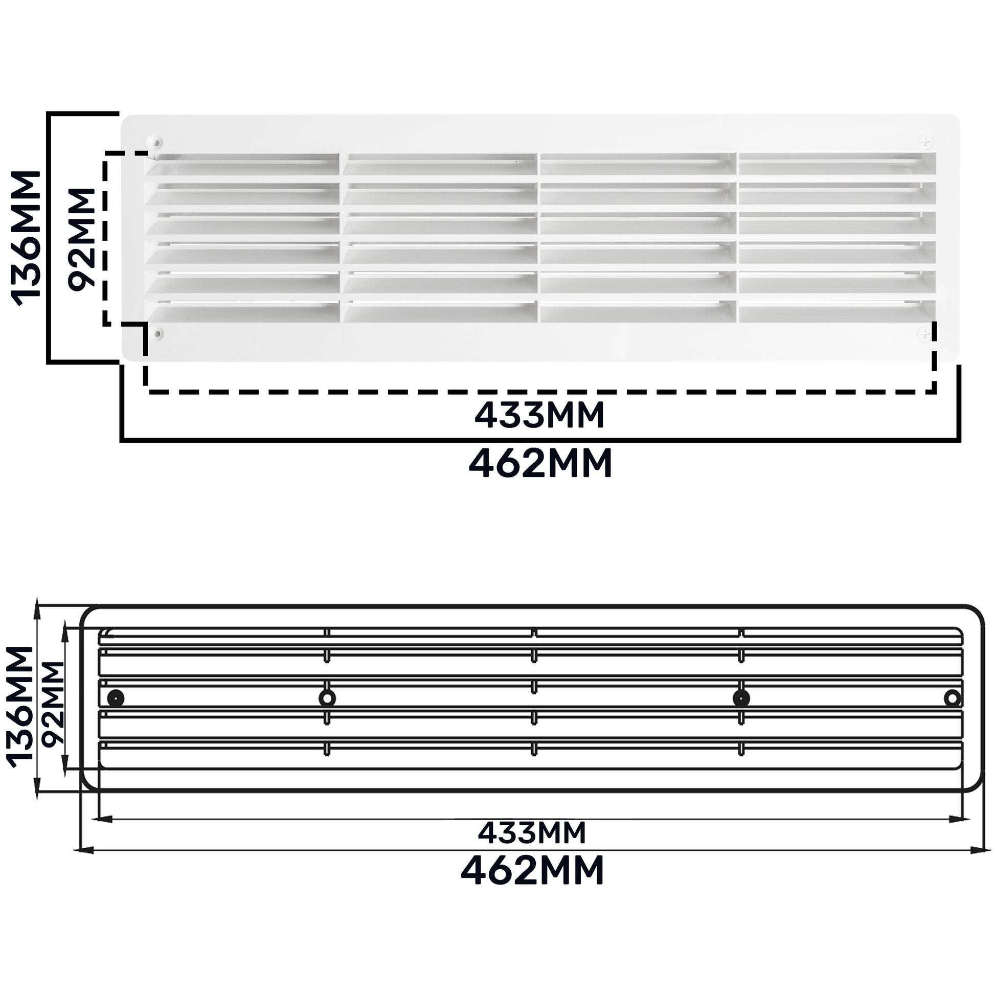 Door louvre vent KD 90x445mm combined front and side dimensions, 433/462mm