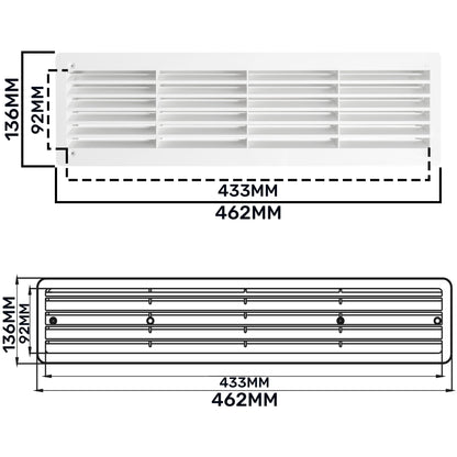 Door louvre vent KD 90x445mm combined front and side dimensions, 433/462mm