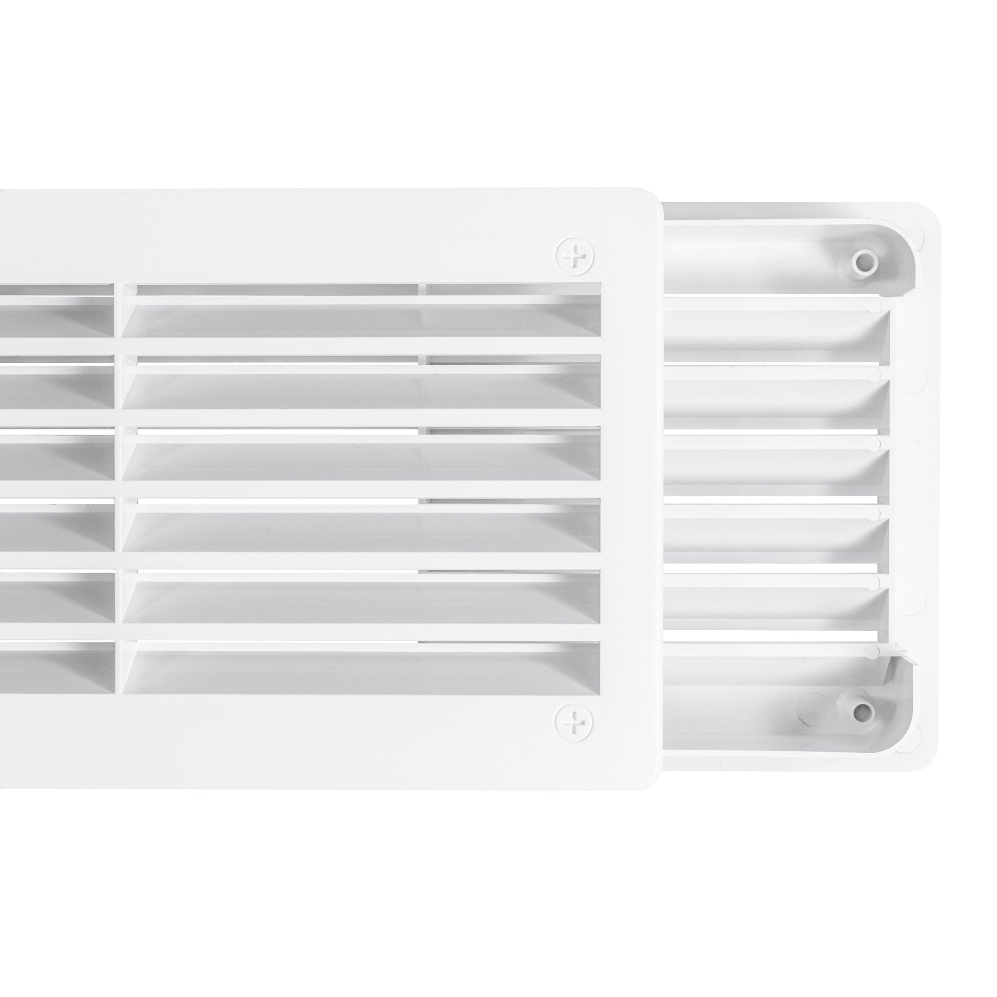 Close-up of white door louvre vent frame and horizontal louvers