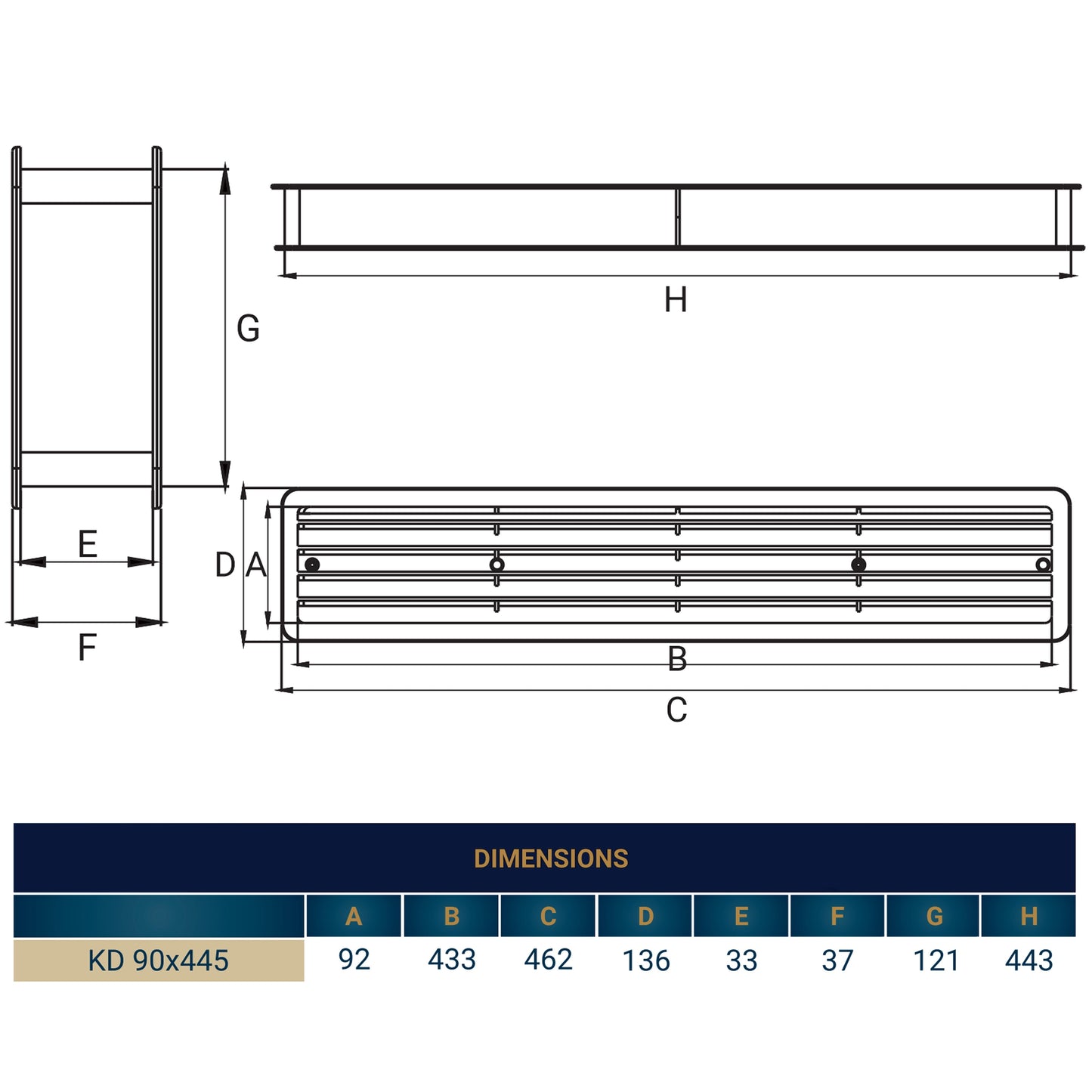 Door louvre vent dimensions diagram for KD 90x445mm