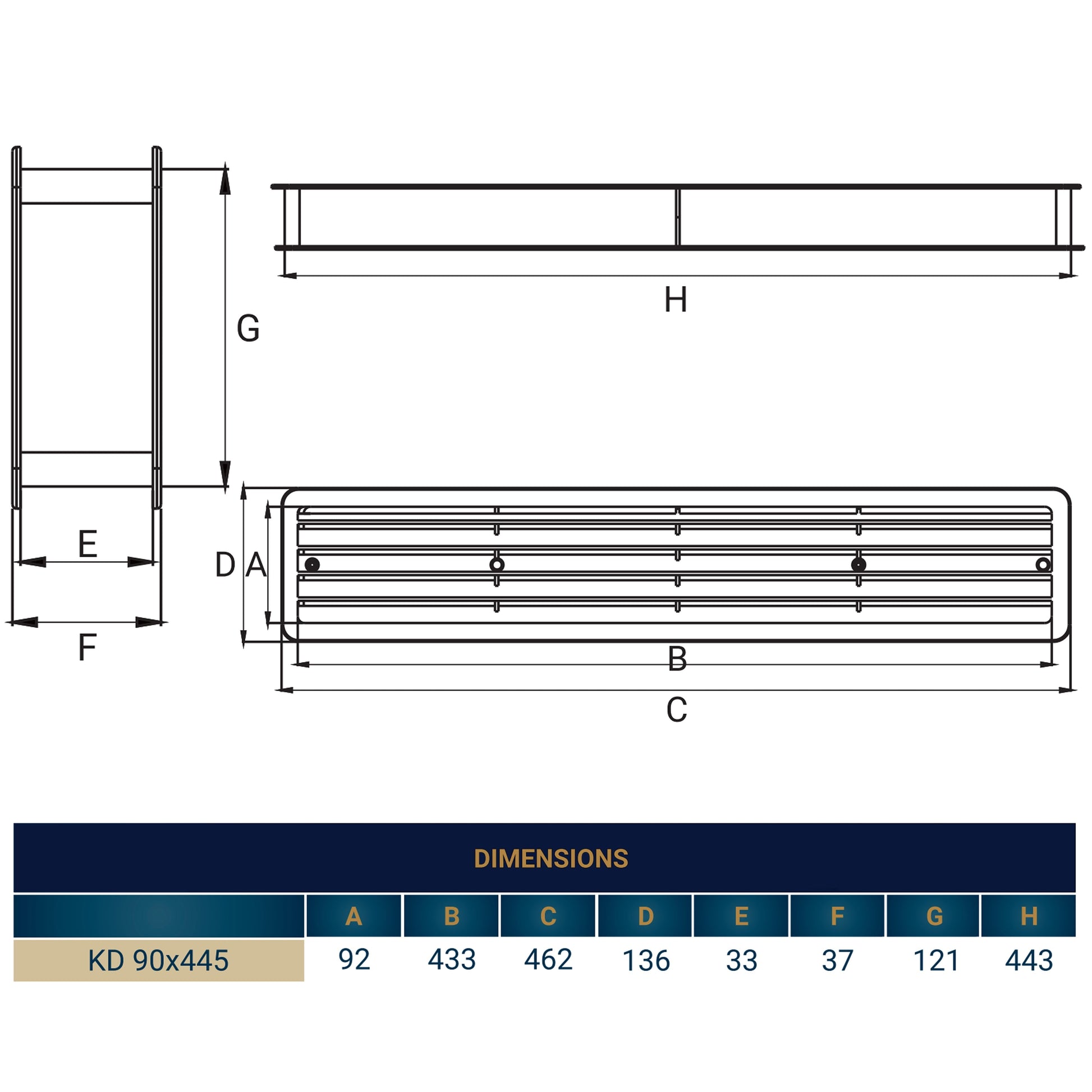 Door louvre vent dimensions diagram for KD 90x445mm