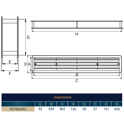 Door louvre vent dimensions diagram for KD 90x445mm