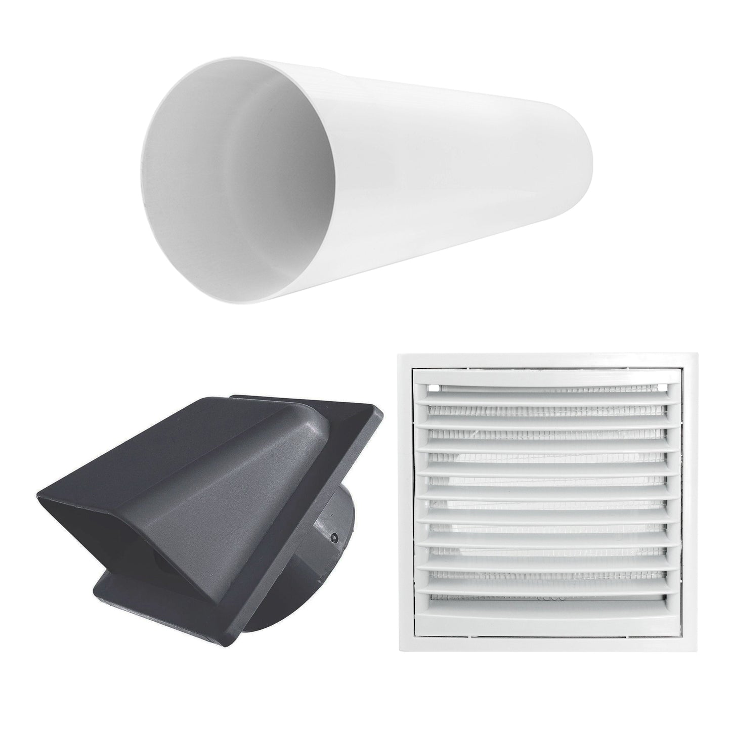 External vent kit: white round duct and dark louvre cover with wall plate