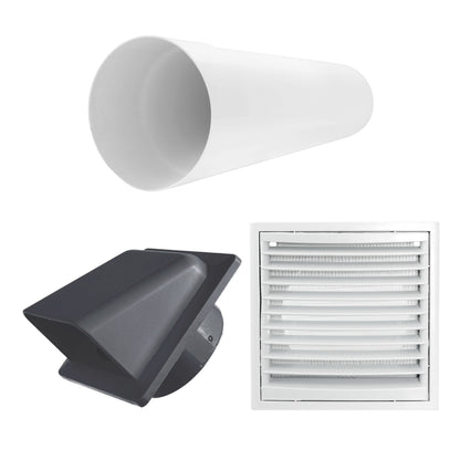 External vent kit: white round duct and dark louvre cover with wall plate