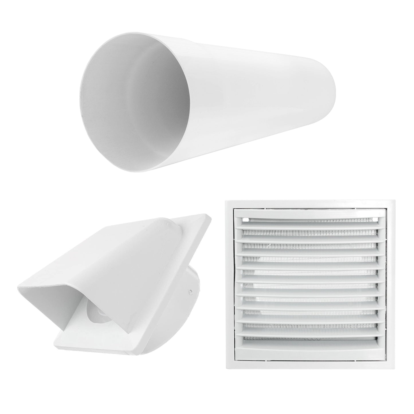 White ventilation duct spigot and wall louvre vent grille components, through-wall kit