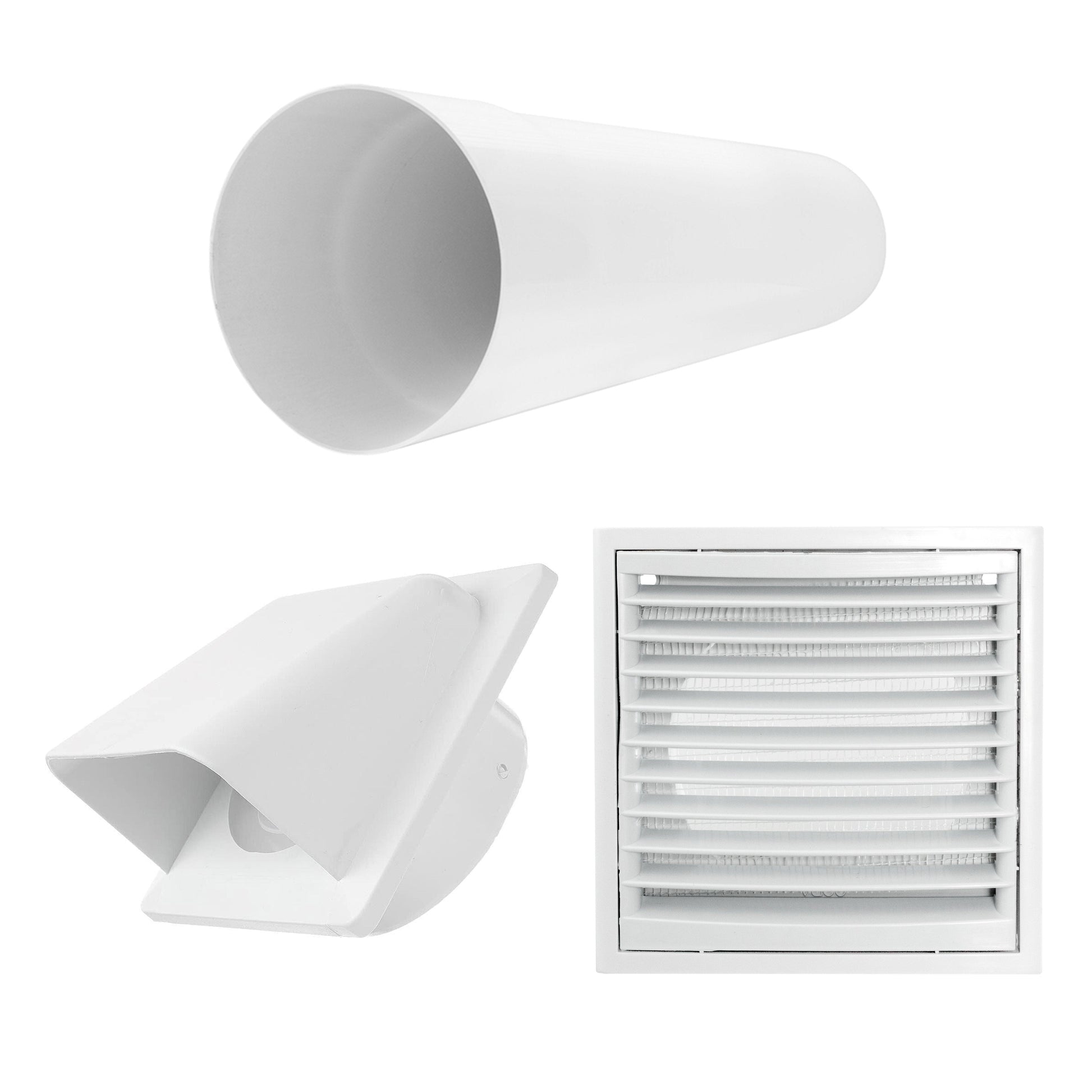 White ventilation duct spigot and wall louvre vent grille components, through-wall kit