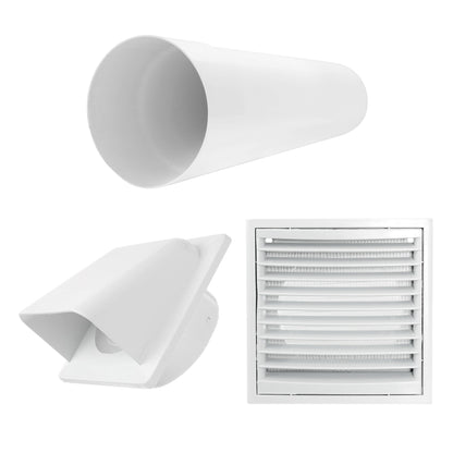 White ventilation duct spigot and wall louvre vent grille components, through-wall kit