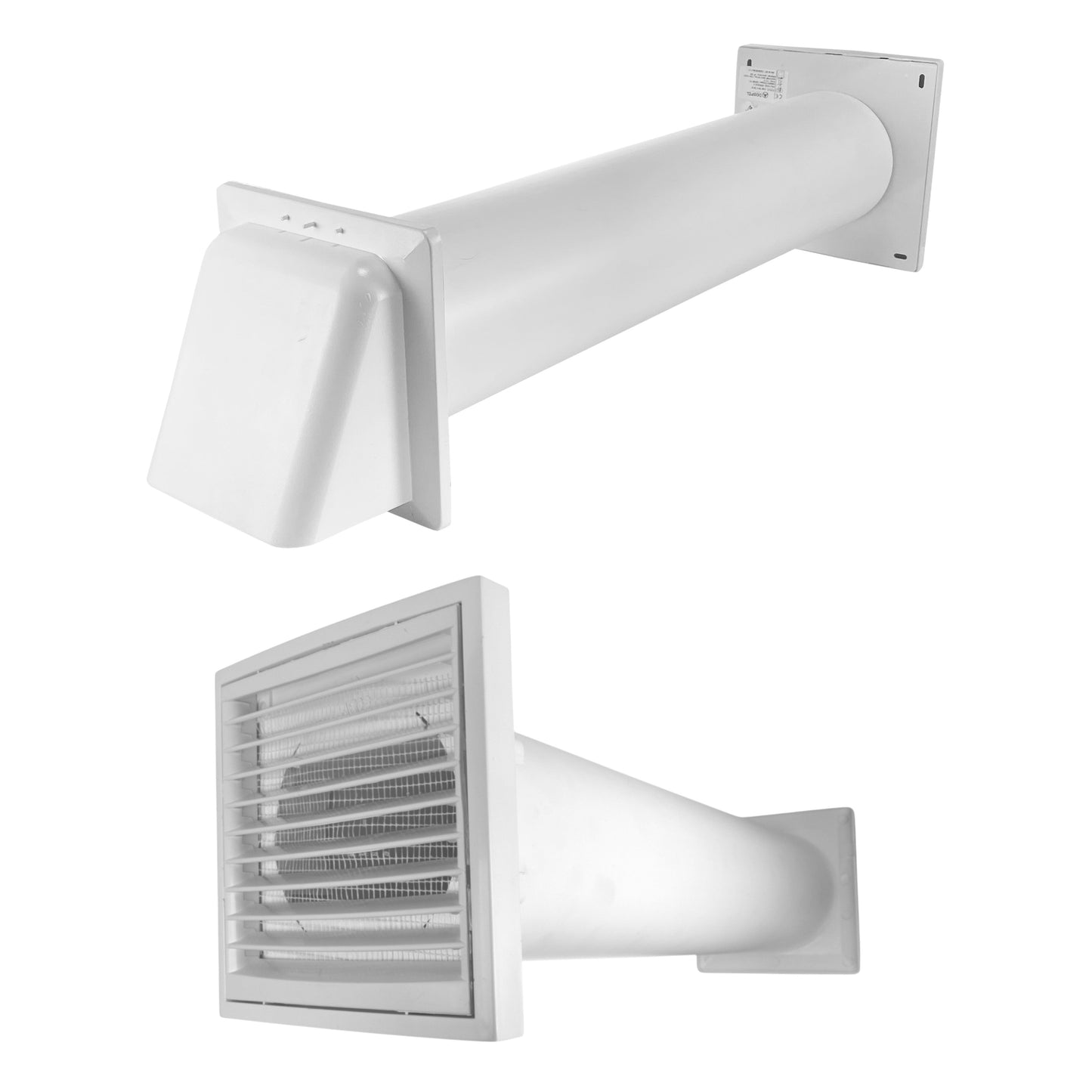 White through-wall ventilation louvre vent with external grille panel and duct