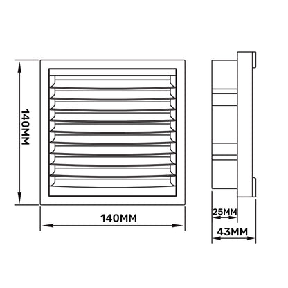 Louvre Vent KR100/125, Frontansicht mit Lamellen und Maßangaben (140 mm)