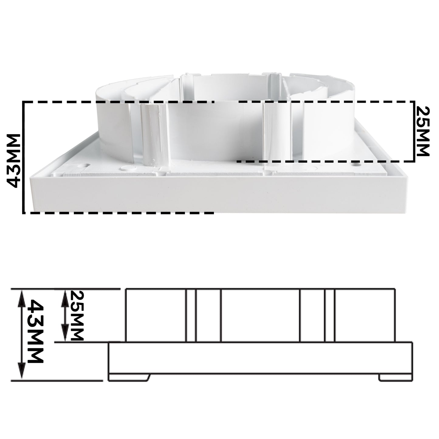 Louvre Vent KR100/125, Seitenansicht des weißen Lamellenventils mit 43 mm Tiefe