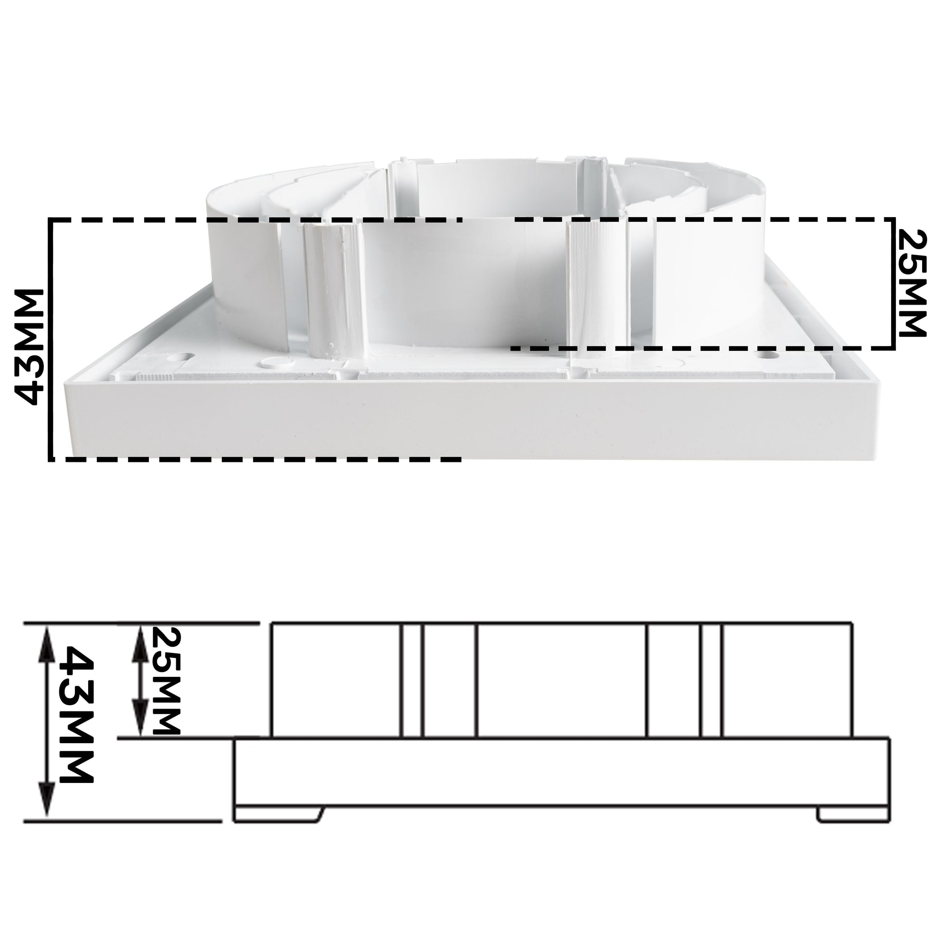 Louvre Vent KR100/125, Seitenansicht des weißen Lamellenventils mit 43 mm Tiefe