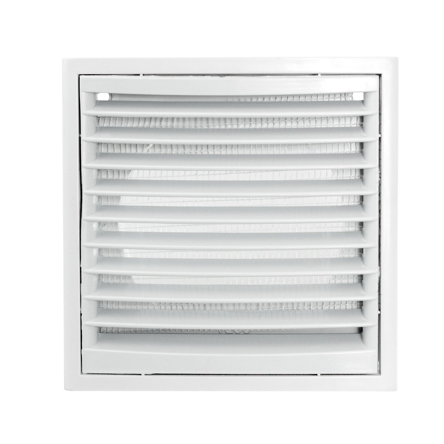 White louvre ventilation grille with horizontal blades inside a square frame