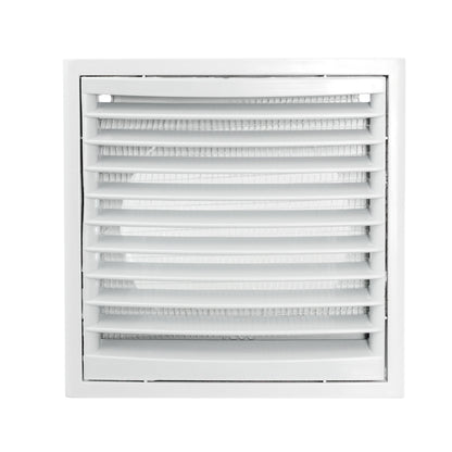 White louvre ventilation grille with horizontal blades inside a square frame