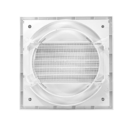 Square ventilation frame with circular duct opening and fine mesh grille