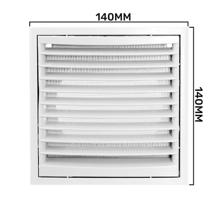 Louvre Vent KR100/125, Frontansicht mit Maßangaben 140 mm Höhe und Breite