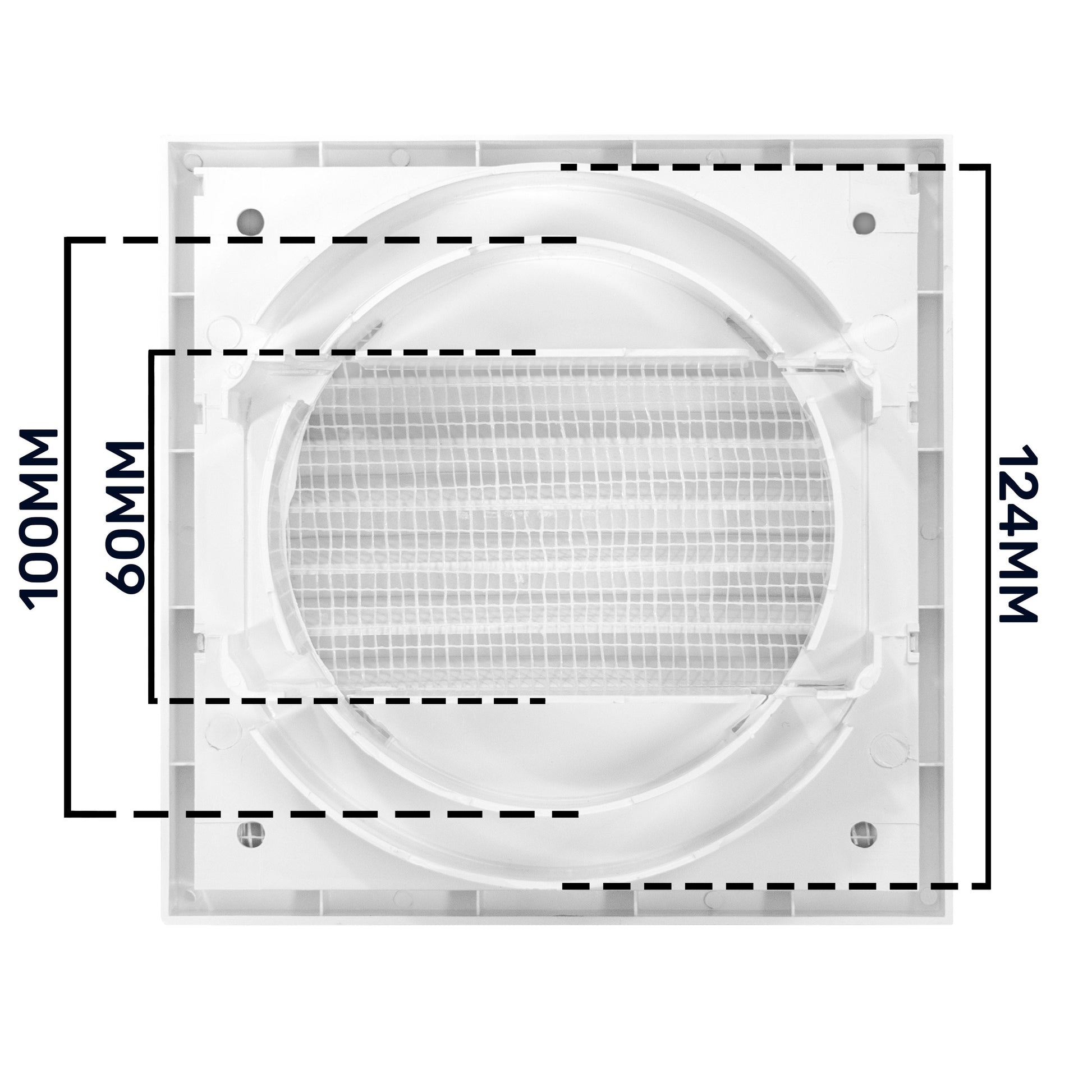 Louvre Vent KR100/125, Rückansicht mit Maßangaben 124 mm und 60 mm