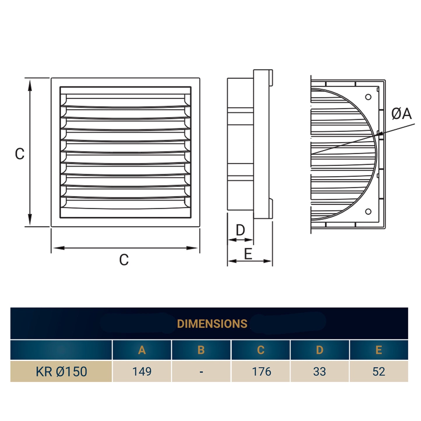 Louvre Vent KR150, Maßzeichnung: Front und Tiefe für KR Ø150