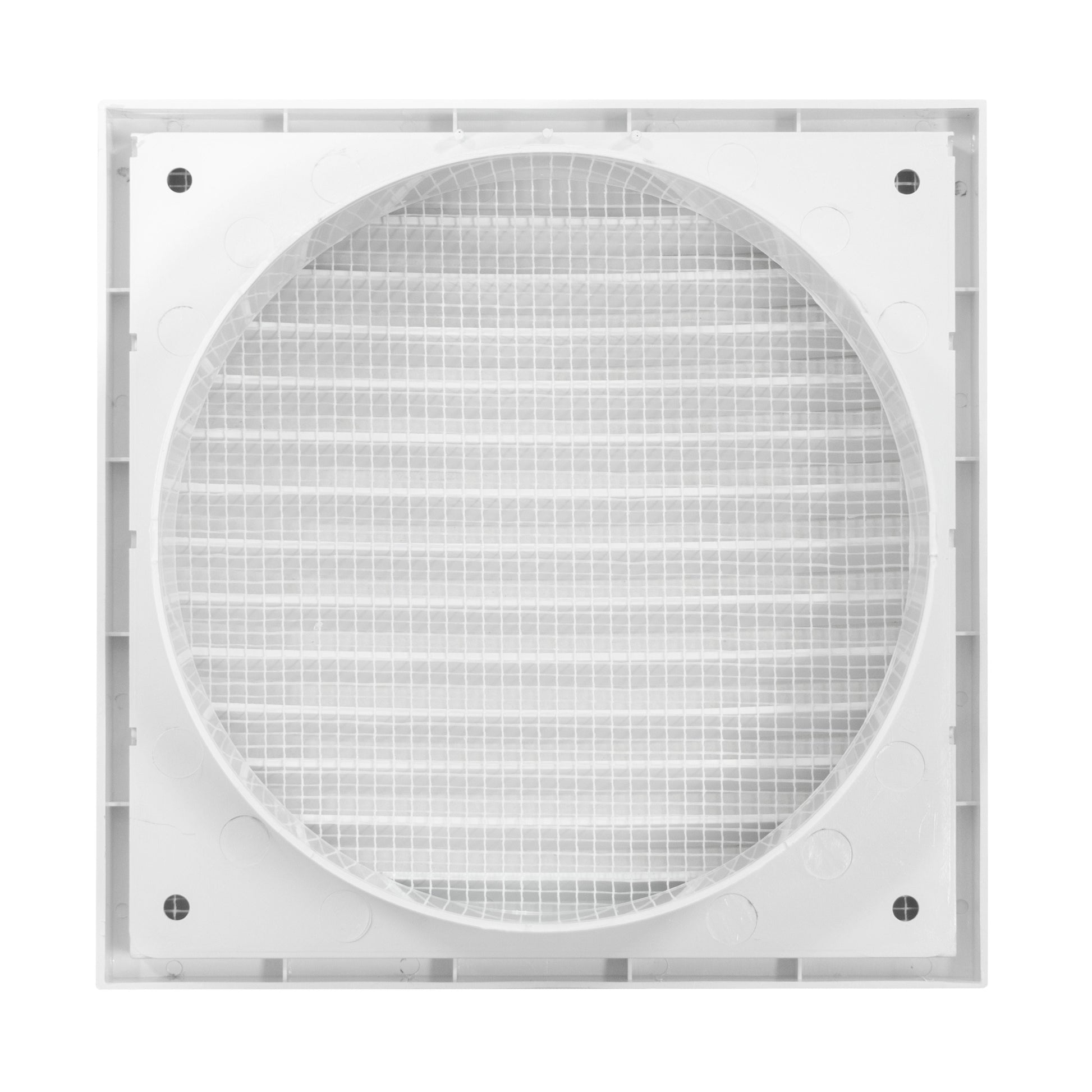 Rundes Vent-Gitter mit feinem Maschenwerk im weißen quadratischen Rahmen
