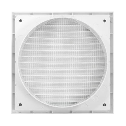 Rundes Vent-Gitter mit feinem Maschenwerk im weißen quadratischen Rahmen