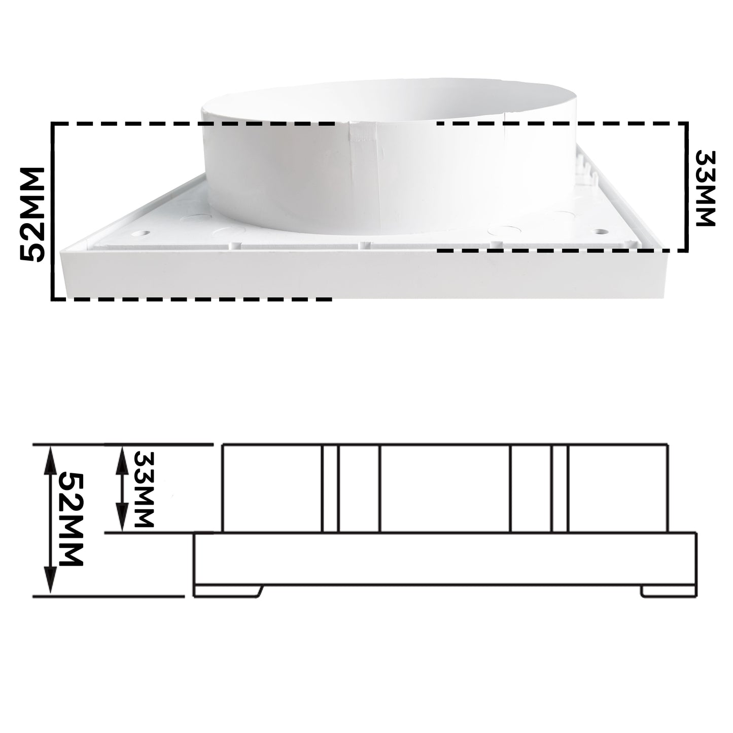 Montagebasis/Anschlussstutzen mit Maßangaben 52 mm, 53 mm und 140 mm (Skizze)