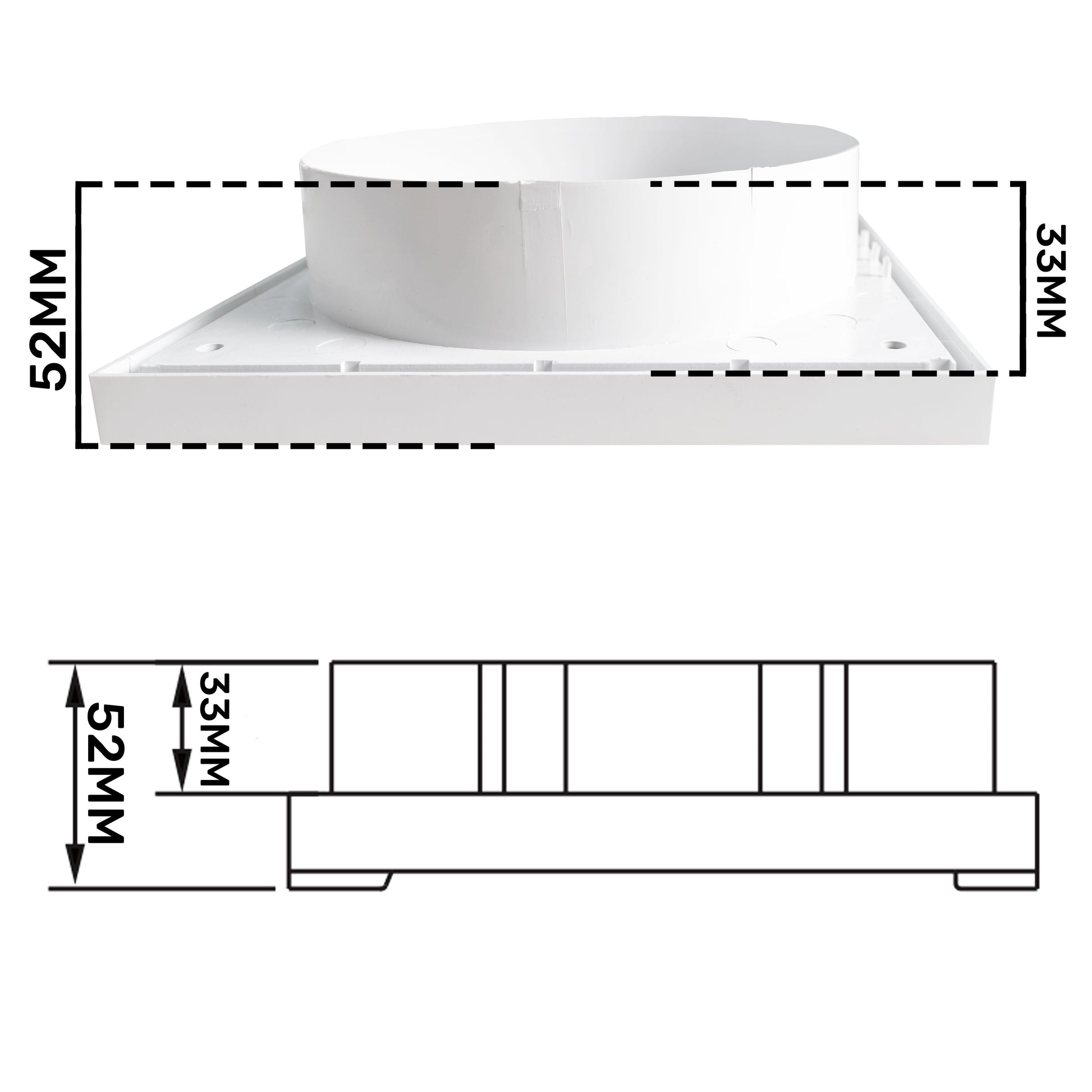 Montagebasis/Anschlussstutzen mit Maßangaben 52 mm, 53 mm und 140 mm (Skizze)