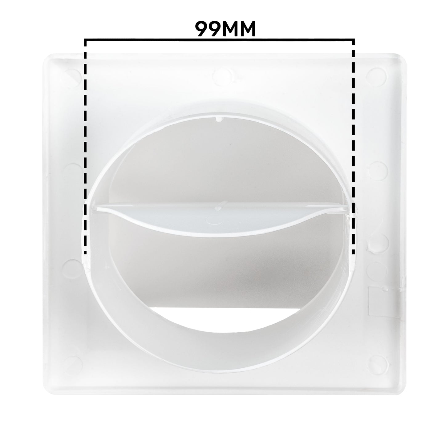 White square vent grille with circular opening and 99 mm inner measurement