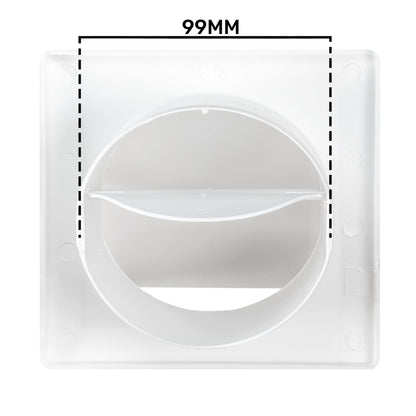 White square vent grille with circular opening and 99 mm inner measurement