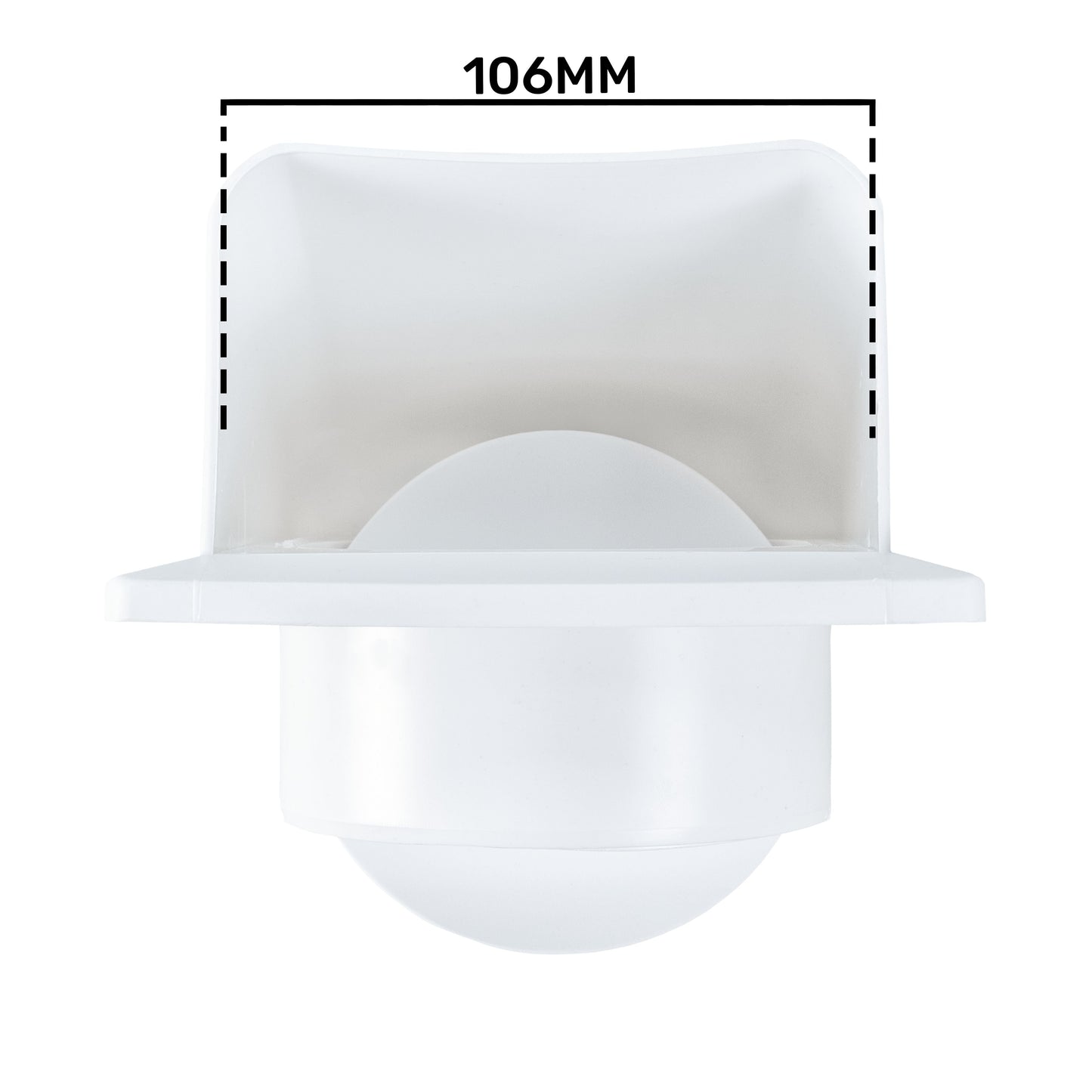 White louvre vent with front circular grille and 106 mm frame width