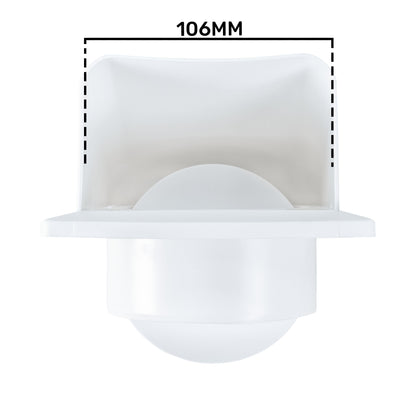 White louvre vent with front circular grille and 106 mm frame width