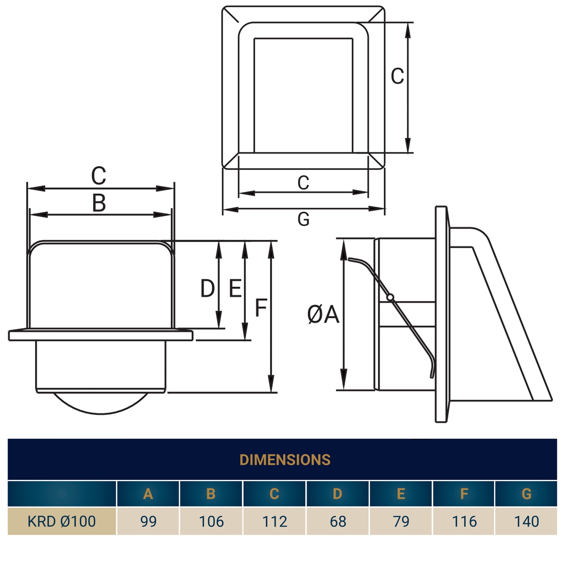 Technical diagram: KRD Ø100 external louvre vent with dimensions C, B, D–G