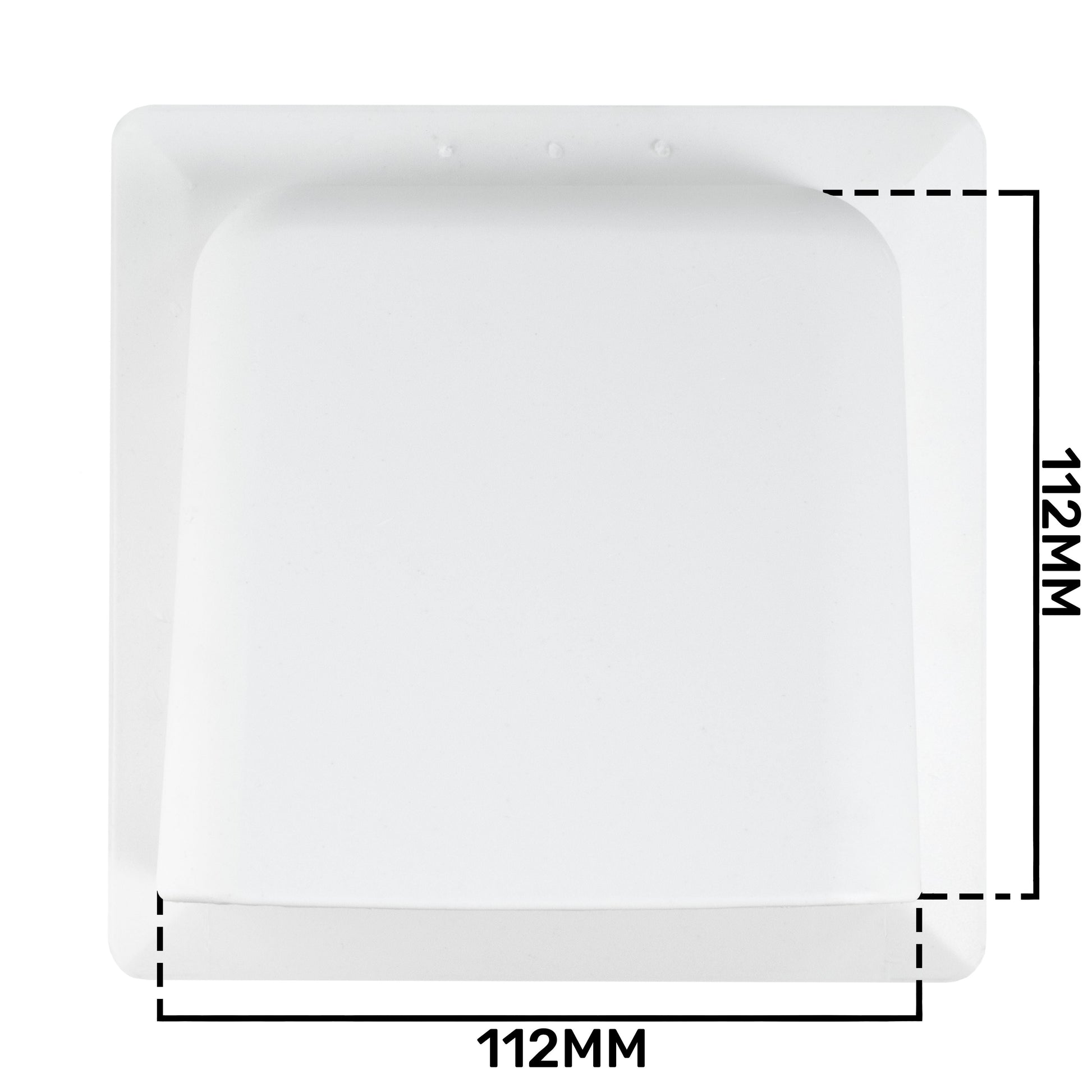 White square mounting frame with central circular louvre vent opening, 112 mm