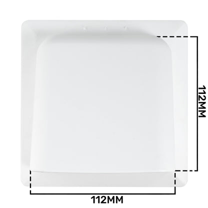 White square mounting frame with central circular louvre vent opening, 112 mm