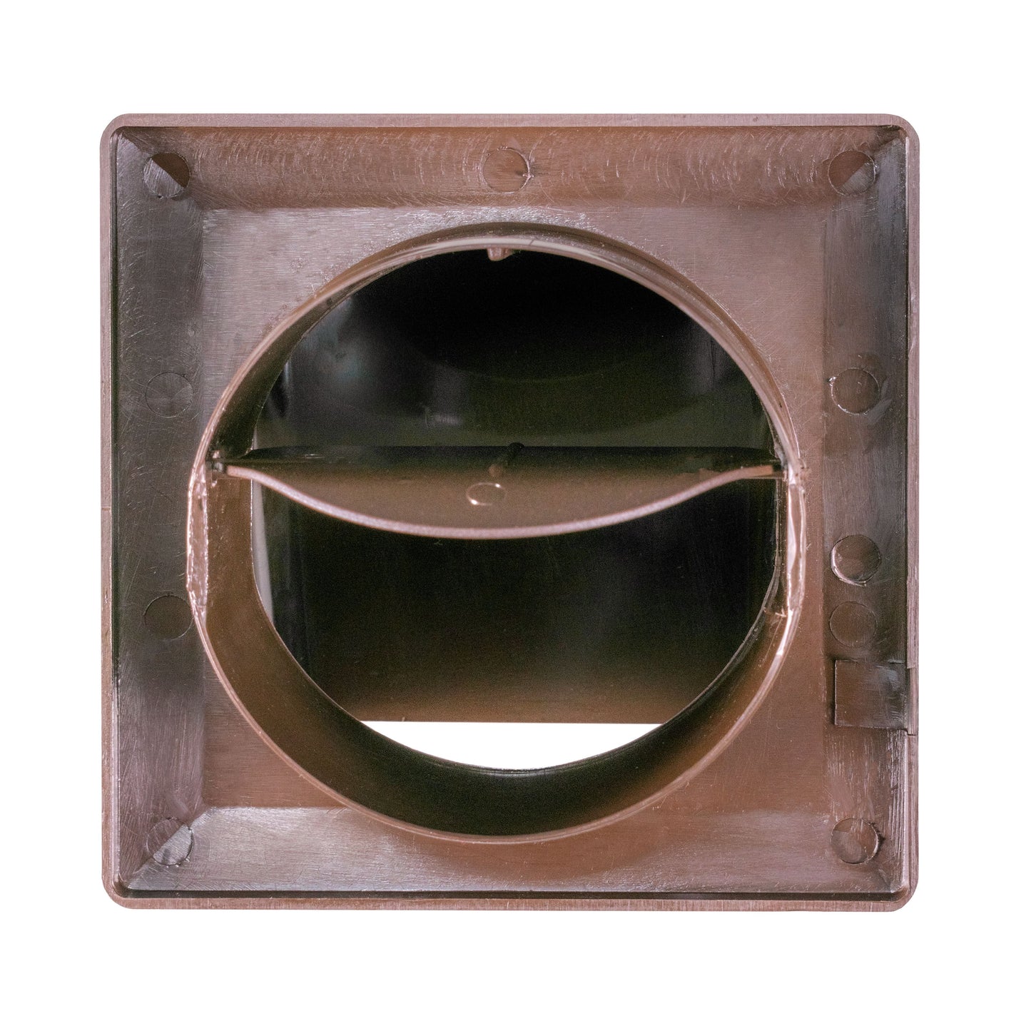 Brown external vent frame with round outlet opening and inner flap
