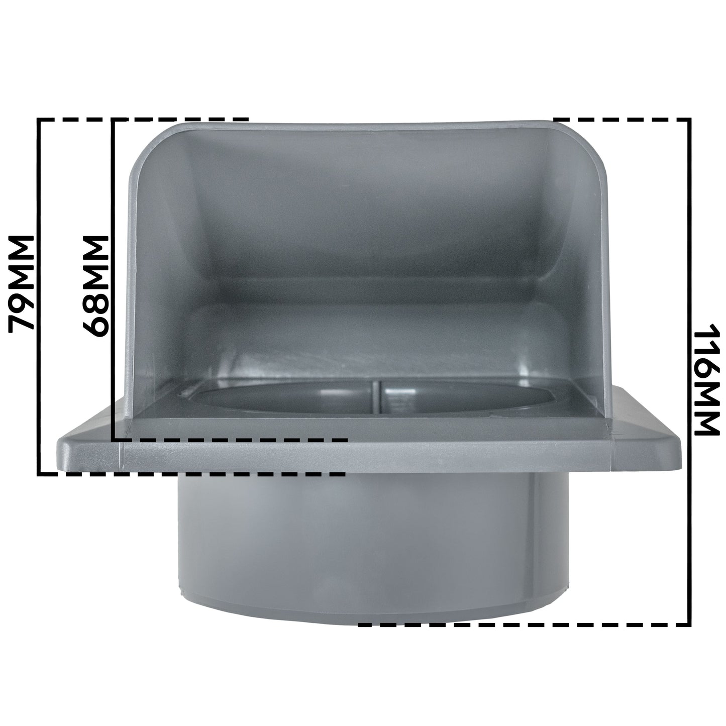 Graphite louvre vent side view with internal duct and roof mounting flange