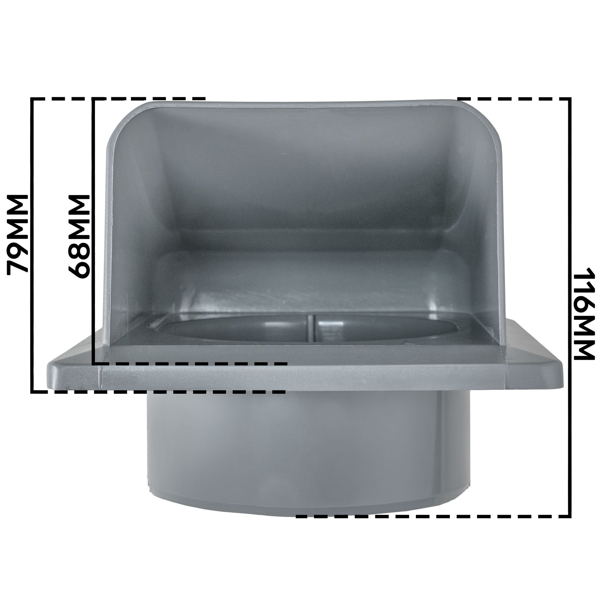 Graphite louvre vent side view with internal duct and roof mounting flange