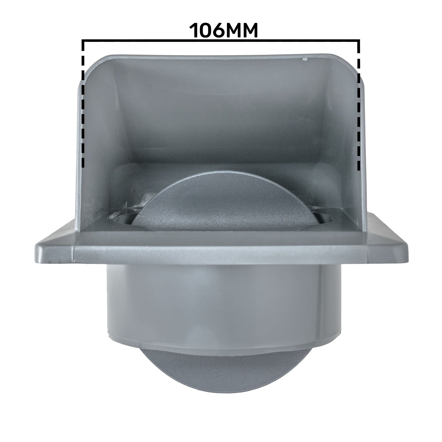 Graphite louvre vent front outlet with fan-style louvre and 106mm width label