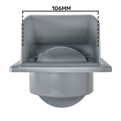 Graphite louvre vent front outlet with fan-style louvre and 106mm width label