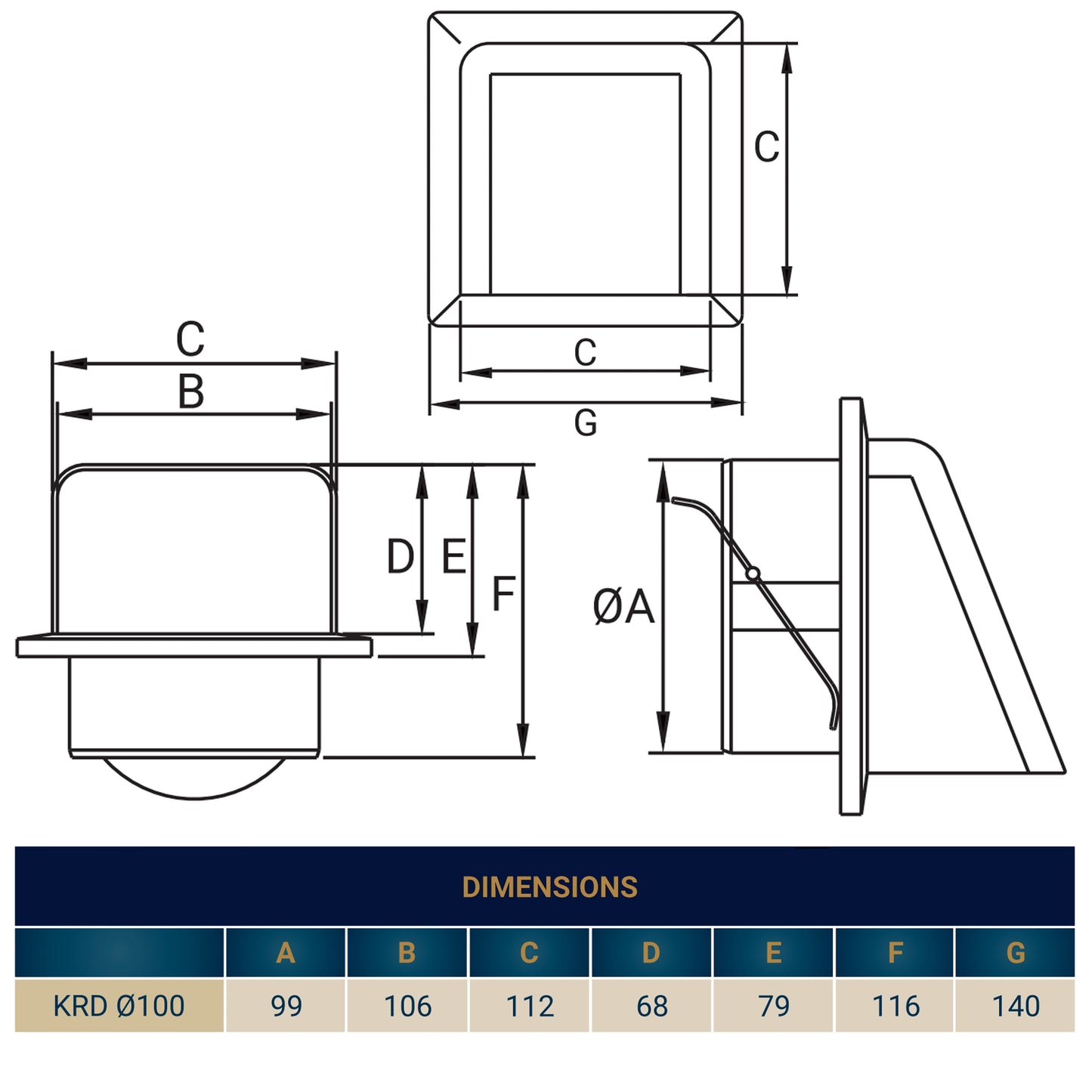 Graphite louvre vent technical diagram with dimensional guide lines and C/B/G labels