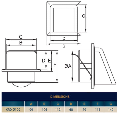 Graphite louvre vent technical diagram with dimensional guide lines and C/B/G labels