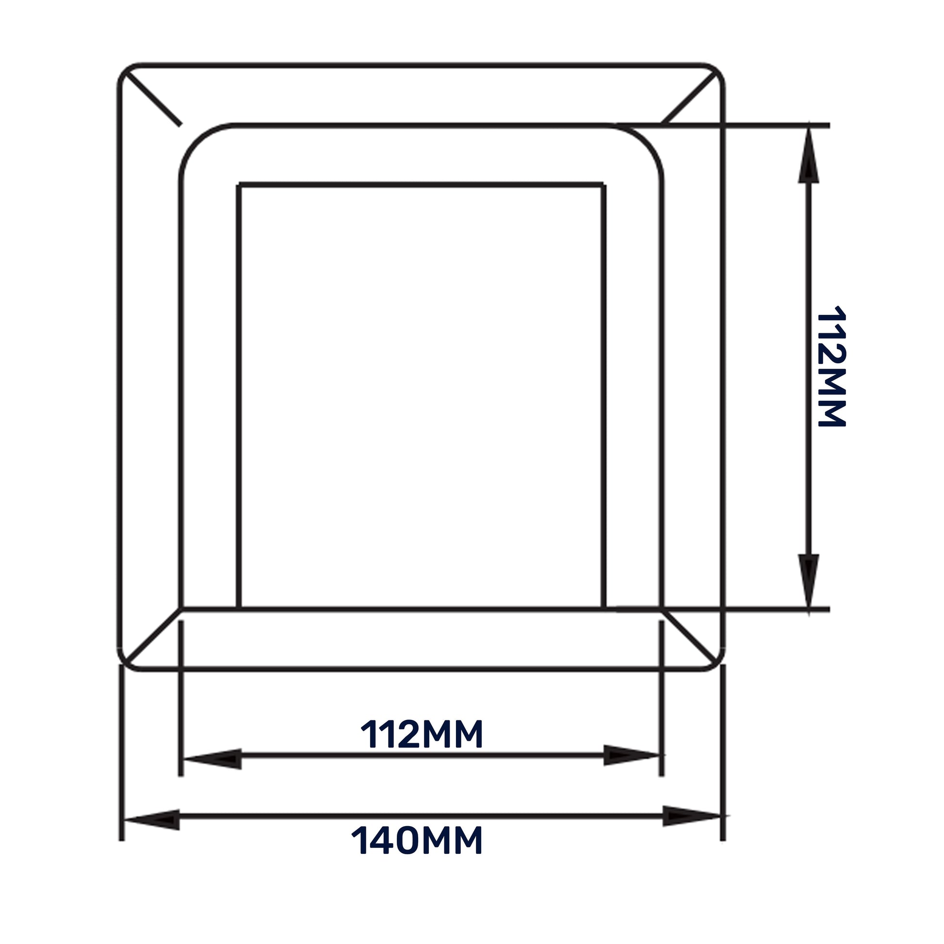 Graphite louvre vent outline diagram showing 140mm by 112mm dimensions
